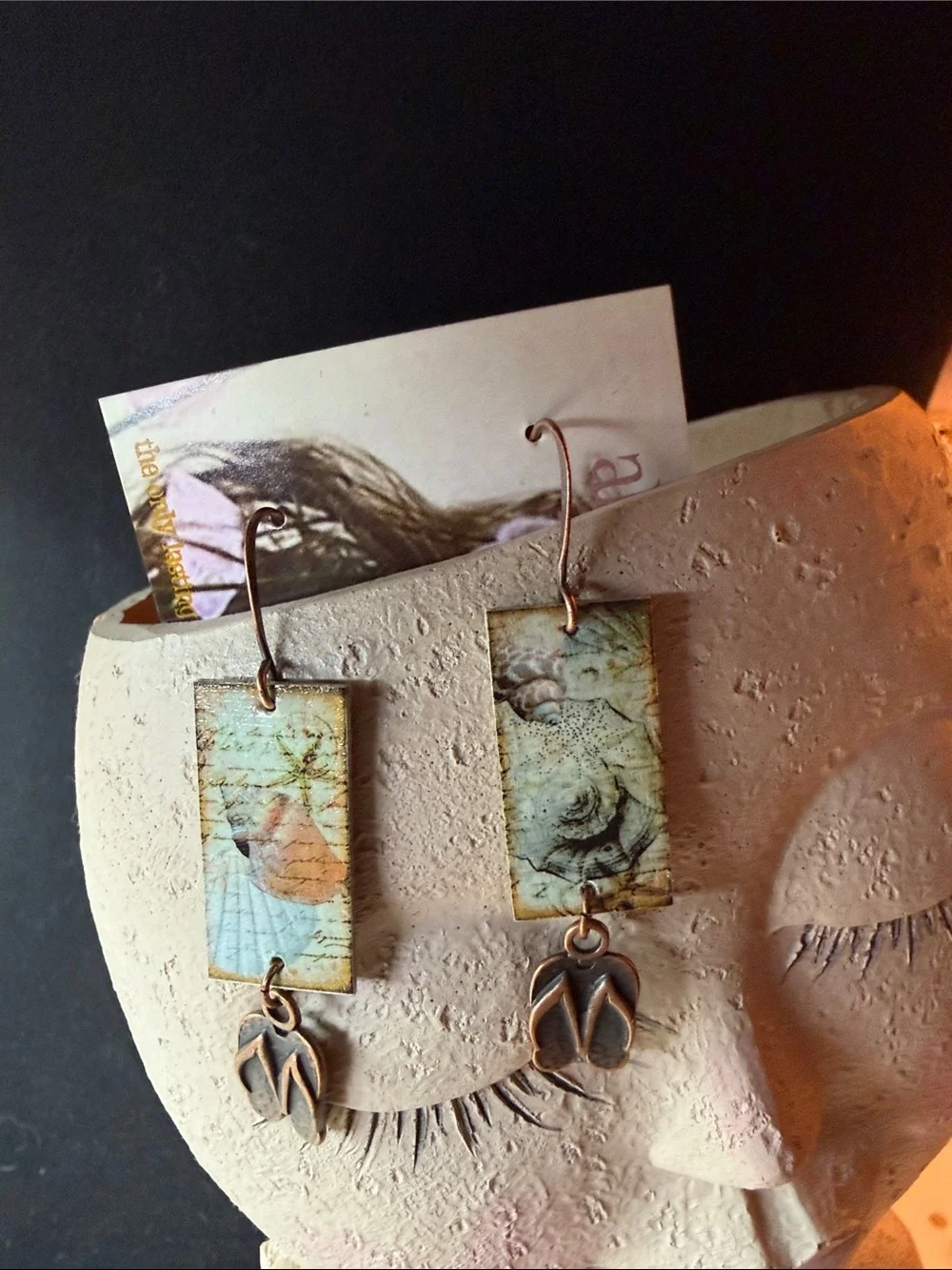 Handmade Sea Shell Print Drop artboard Earrings in Aqua and Copper